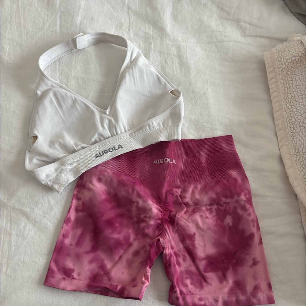 Aurora Pink Tie-Dye Women's Bike Shorts and Halter Bra